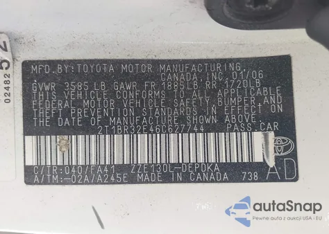 2006 Toyota Corolla Ce из США, поврежденный, VIN 2T1BR32E46C627744